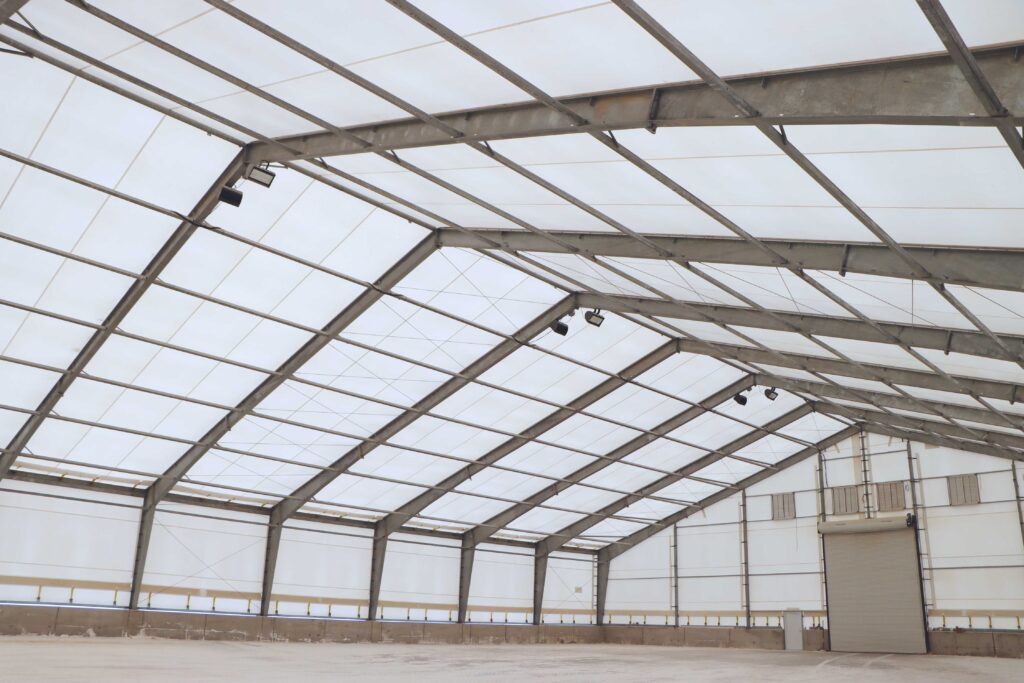 inside of beam building with fabric cover