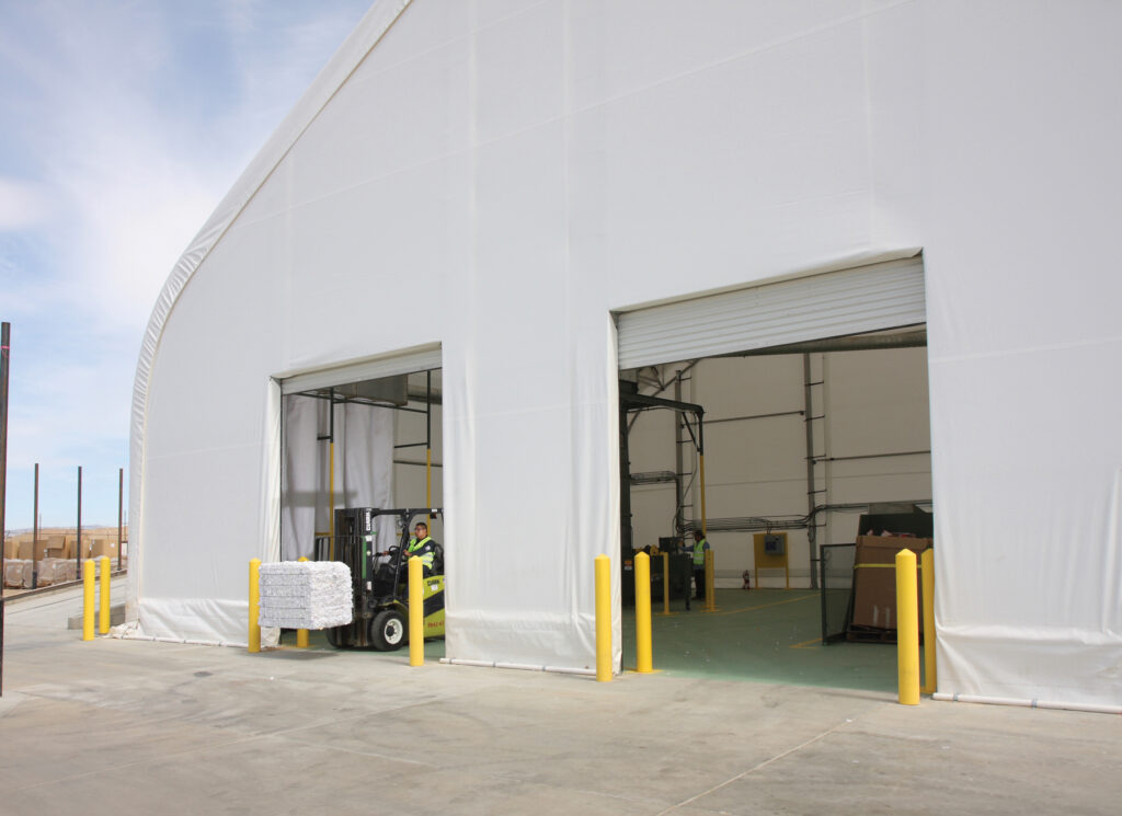 fabric structure with two garage doors