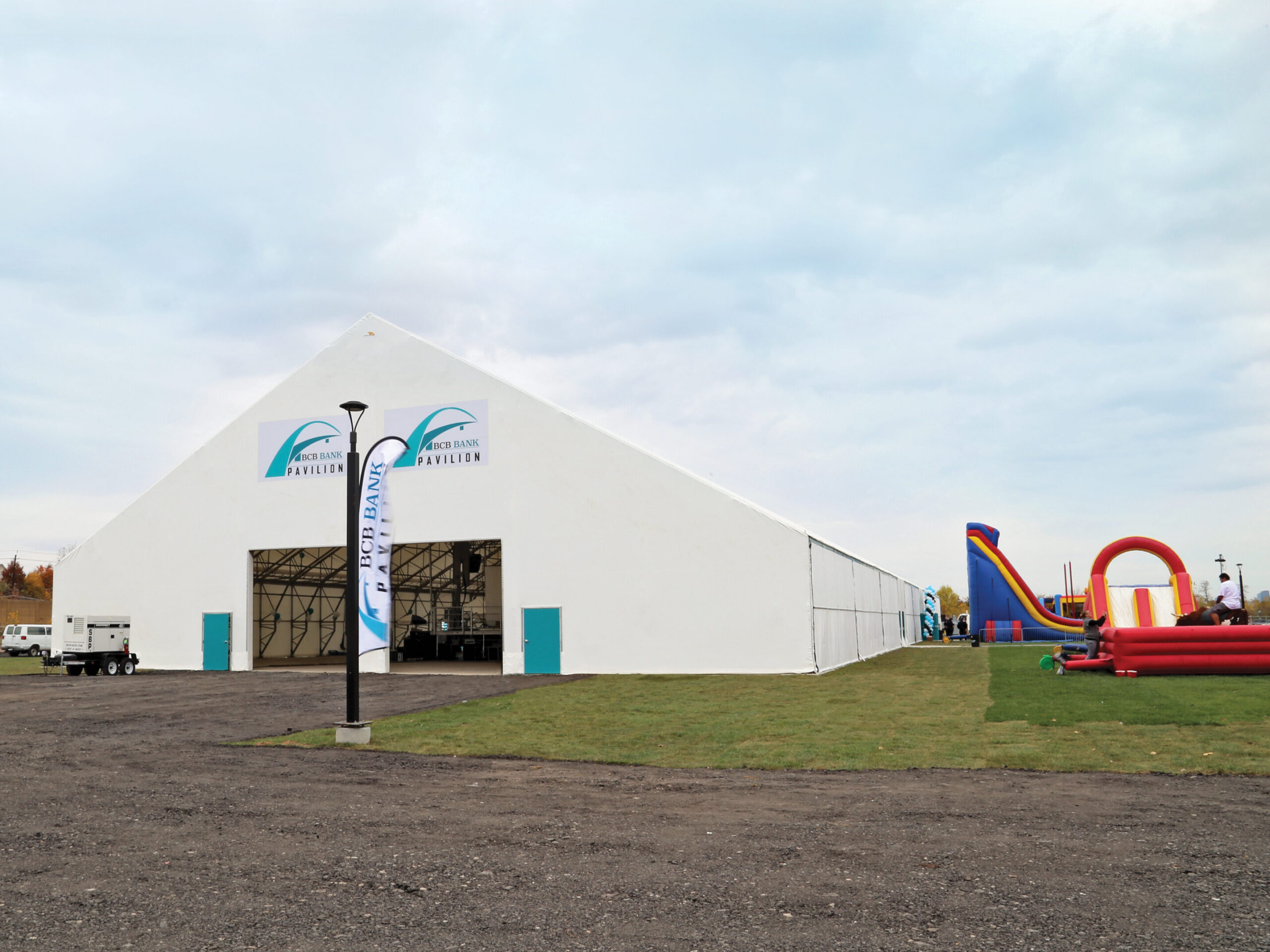 exterior of event space with bounce house