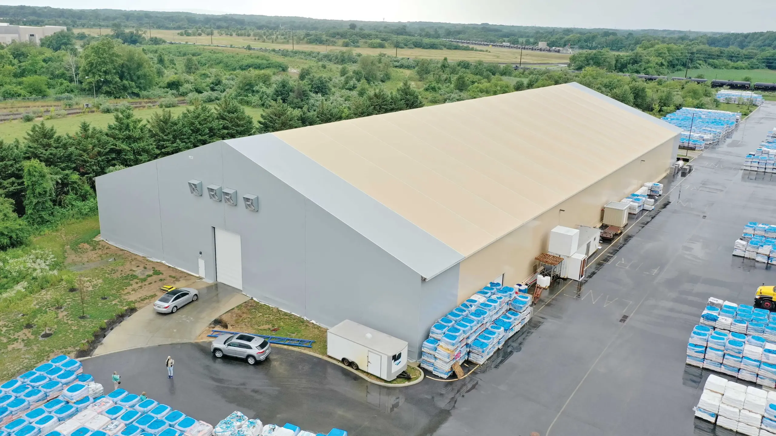 Fabric beam building aerial view