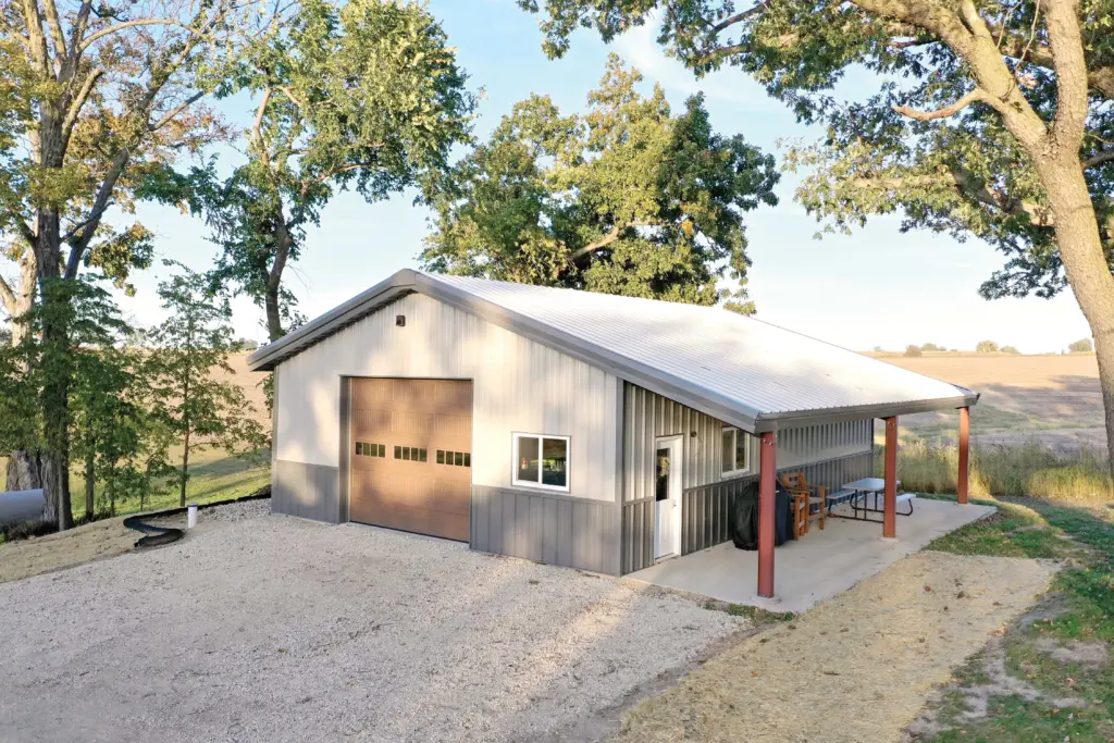 workshop with gray metal building cladding and awning 