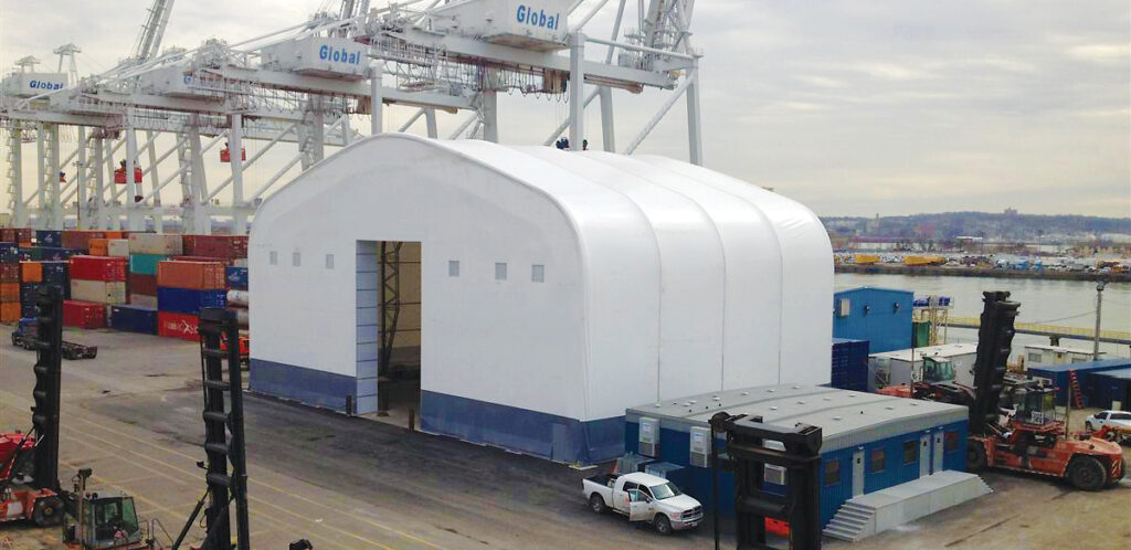 ClearSpan fabric building along coastline at shipping port