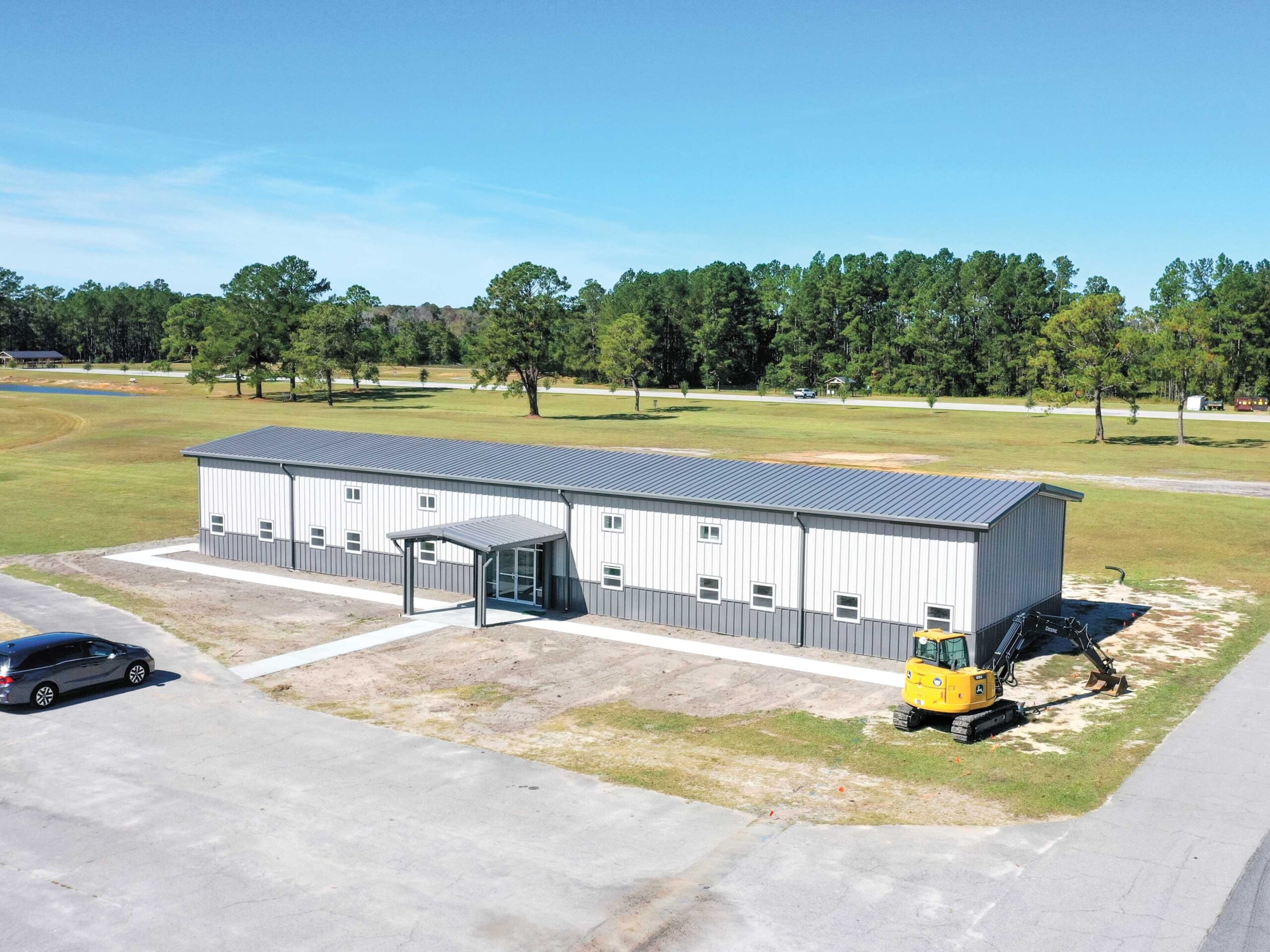 commercial building construction nearly finished on metal building
