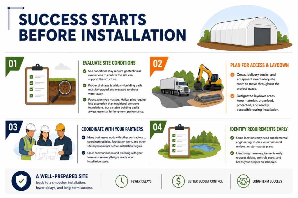 Before installation: evaluate site conditions, plan for site access, coordinate with partners, identify requirements early