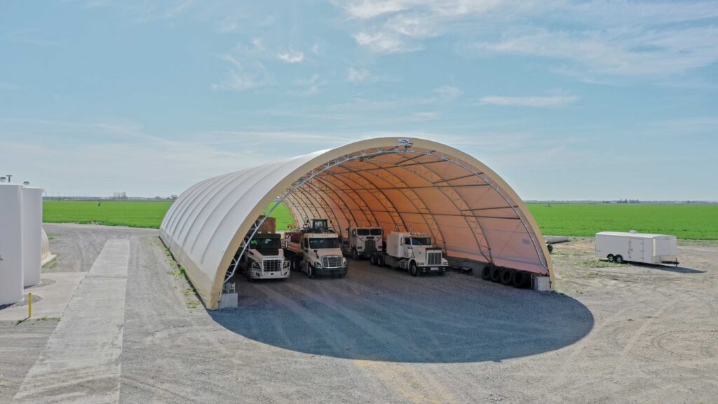 Aerial view of a ClearSpan Round HD Building on an industrial lot